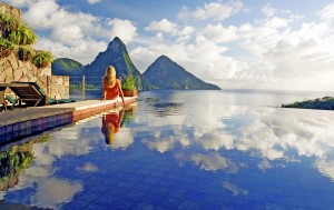 View of the Pitons from a Jade Mountain pool sanctuary